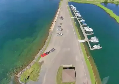 Drone view of marina from the end of the pier facing the shoreline
